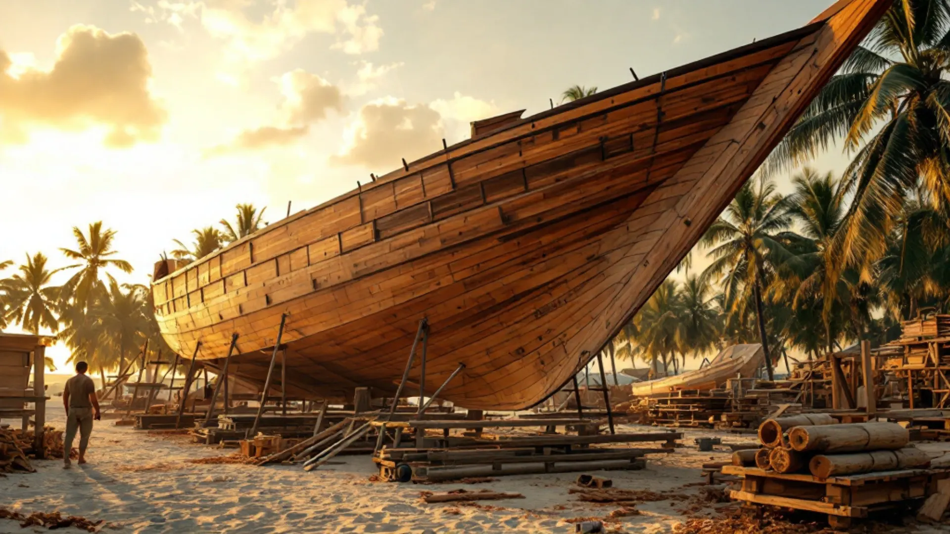 Half-built wooden phinisi hull on timber scaffolding at a Bulukumba beach shipyard, South Sulawesi